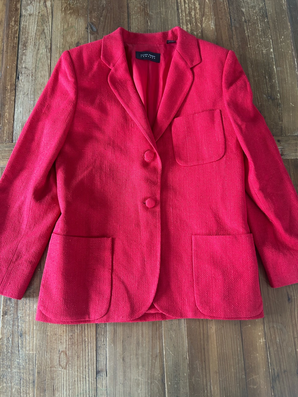 Ellen Tracy 100% Silk Red Textured Single-Breasted Blazer